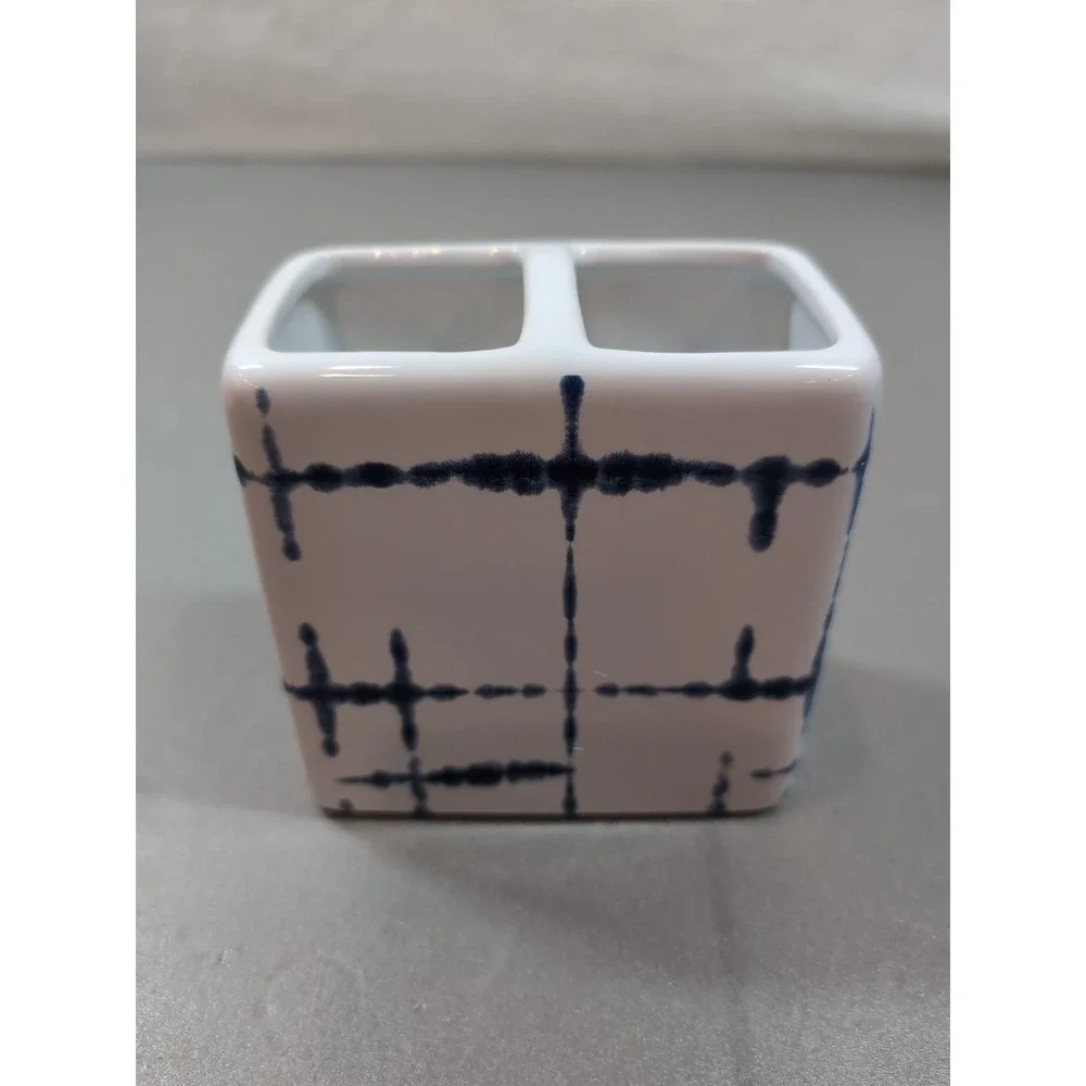 DKNY 3 Piece Ceramic Bath Set Blue Grid Soap Dispenser Toothbrush Holder Dish